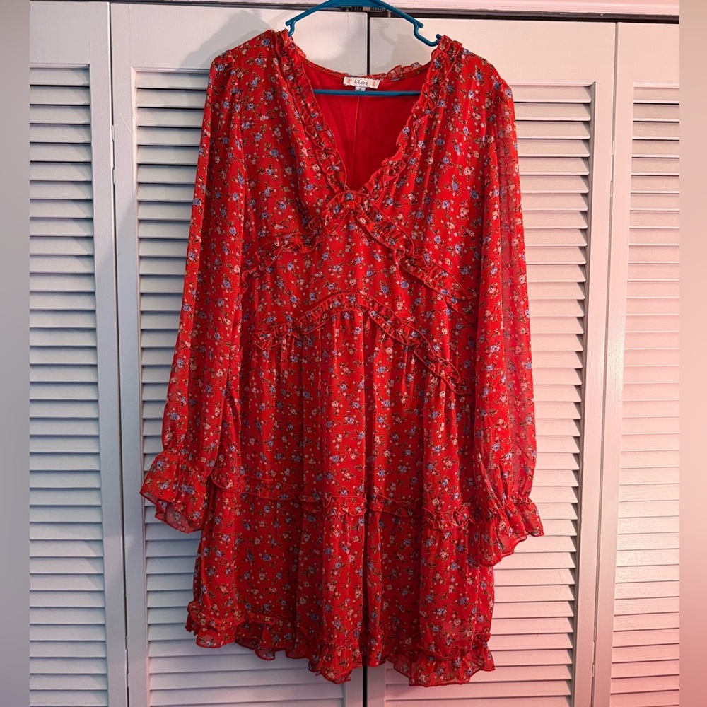 Red Floral Long Sleeve Dress